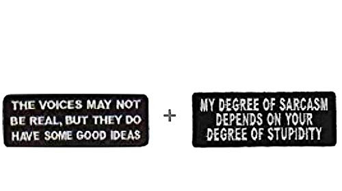 Bundle of 2 Patches Voices Not Real But Have Good Ideas Funny Biker Patch/My Degree of Sarcasm Depends On Your Stupidity Funny New Patches Velcro Back