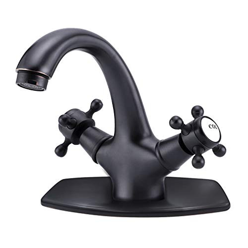 Bathroom Sink Faucet Oil Rubbed Bronze Hot and Cold Single Hole Double Handle Cross Knobs Vanity Sink Basin Mixer Tap with Cover Plate