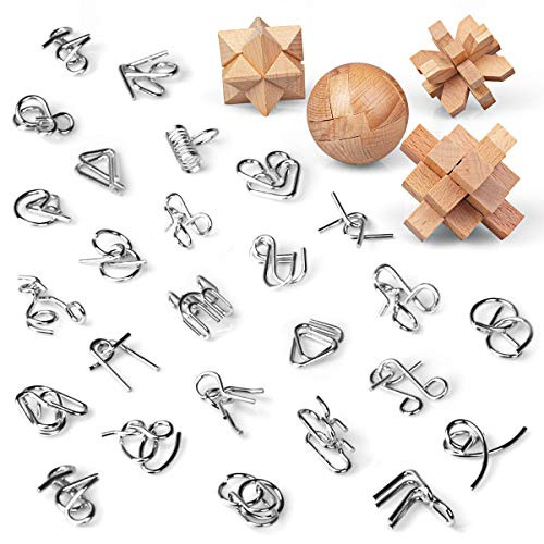 EJOYFL Brain Teaser Puzzle 28Pcs Unlock Interlock Puzzle IQ Test Toy 3D Wooden and Metal Magic Ball Brain Teaser Toy Puzzles for Teen and Adults