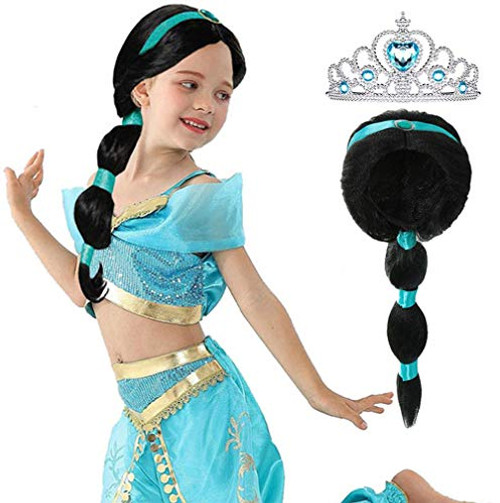 Arabian Princess Wig for Girls Jasmine Braid with Princess Tiara Princess Dress Up Costume Cosplay Halloween Accessories for Kids