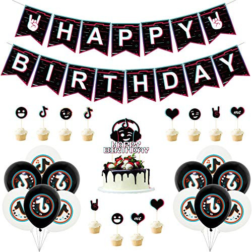 Tik Tok Party Supplies,Tik Tok Happy Birthday Banner,Cake Topper, Balloons Birthday Party Decoration Supplies for TIK Tok Theme Party