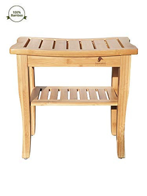 Ollypulse Bamboo Shower Bench, Spa Bath Seat Stool with 2-Tier Storage Shelf Wooden Shower Spa Chair Seat for Indoor Outdoor