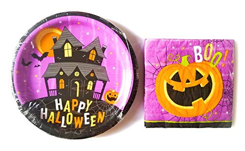 Haunted House and Jack-O-Lantern Halloween Party Plates and Napkins - Paper Party Supplies for 18 Guests