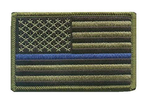 Green US Flag Thin Blue Line Patch for Police and Law Enforcement with Hook/Loop Backing
