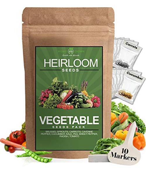 Heirloom Vegetable Seeds -10 Variety - Non GMO Vegetable Seeds For Planting Indoor or Outdoors, Brussel Sprouts, Carrots, Peppers, Cucumber, Kale, Romain, Peas, Radish, Tomato Seed - Home Garden Seeds