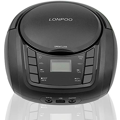 LONPOO Portable CD Player Boombox with Bluetooth, FM Radio, MP3 Playback,USB Input, Audio-in, Headphone Jack, AC/DC Operated,for Adults and Children (Black)