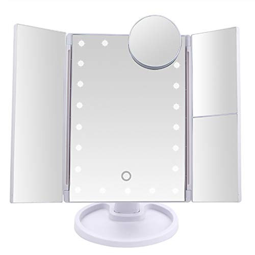 THEMART Makeup 22 Led Vanity Mirror with Lights, 1x 2X 3X Magnification, Touch Screen Switch, 180 Degree Rotation, Dual Power Supply, Portable Trifold Makeup Mirror 10X Round Mirror as Gift (White) THEMART Makeup 22 Led Vanity Mirror with Lights, 1x 2X 3X Magnification, Touch Screen Switch, 180 Degree Rotation, Dual Power Supply, Portable Trifold Makeup Mirror 10X Round Mirror as Gift (White)