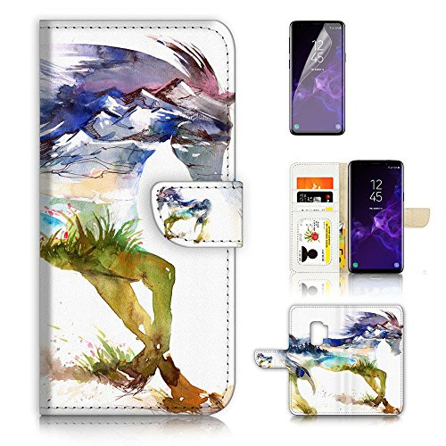(for Samsung S9+ / Galaxy S9 Plus) Flip Wallet Case Cover & Screen Protector Bundle - A20275 Abstract Horse