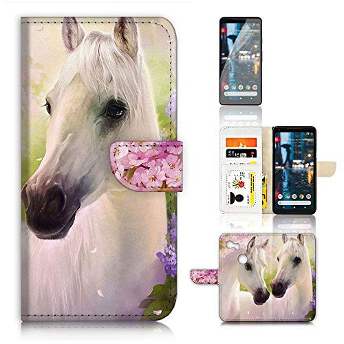 (for Google Pixel 3 XL) Flip Wallet Case Cover & Screen Protector Bundle - A31206 White Horse