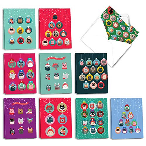 The Best Card Company Cat Ornaments - 20 Assorted Boxed Merry Christmas Note Cards with Envelopes (4 x 5.12 Inch) - Kitty Decorations AM3491XSG-B2x10