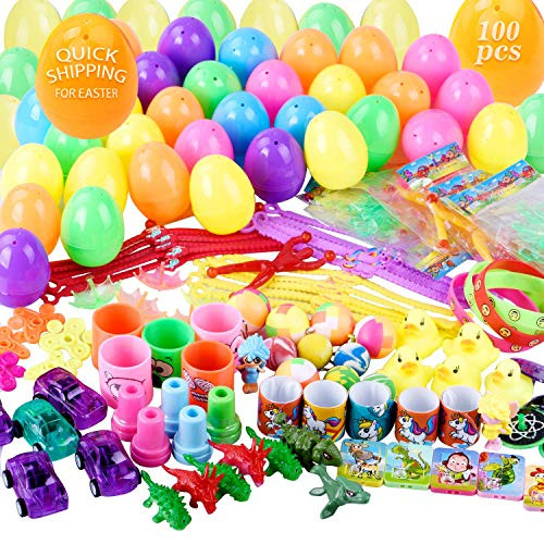 Easter Eggs, LANIAKEA 100 PCS Toys Plus Stickers Prefilled Easter Eggs Premium, Easter Theme Party Favor for Boys Girls, Best Present for Kids