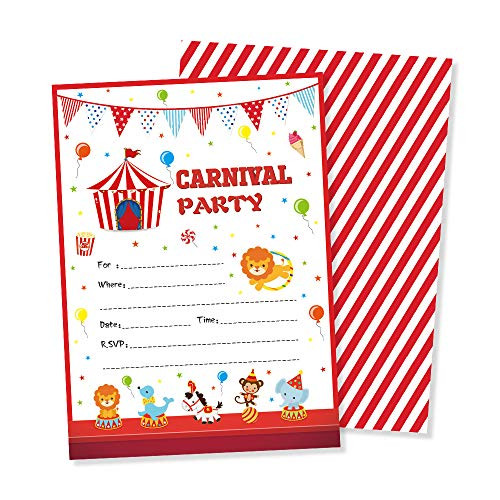LJCL Circus Carnival Decorations,Carnival Circus Party Invitations with Envelop 25 Pack,Circus fill in Invites,Carnival Circus Birthday Party Supplies Favor