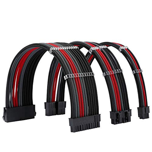 FormulaMod Sleeve Extension Power Supply Cable Kit 18AWG ATX 24P+ EPS 8-P+PCI-E8-P with Combs for PSU to Motherboard/GPU Fm-NCK3 (Black Grey Red)