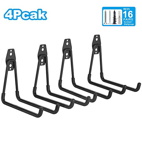 4 Pack Garage Storage Utility Hooks for Ladders & Tools, Wall Mount Garage Hanger Steel Utility Double Hooks, Heavy Duty for Organizing Power Tools, Ladders, Bulk Items, Bikes, Ropes etc. (Black)