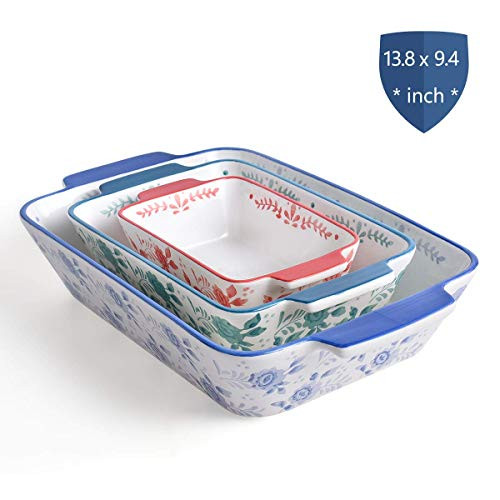 KINGSBULL HOME Baking Dish Ceramic Casserole Dish Baking Pan 3-pcs Bakeware Set Flower Lasagna Pan Baking Dishes