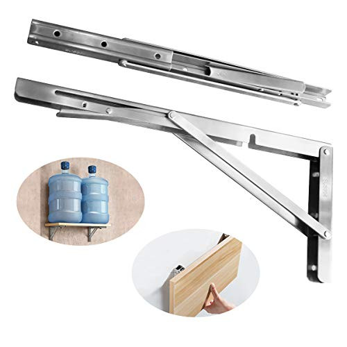 Folding Shelf Brackets 16inch, 2PCS Heavy Duty Stainless Steel Metal Collapsible Shelf Brackets for Bench Table, Shelf Hinge Wall Mounted Space Saving DIY Bracket