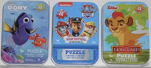 3 Mini Puzzles in Tin Cases Bundle: Finding Dory & Disney Junior The Lion Guard & Nickelodeon Paw Patrol - 24 Pieces Per Puzzle