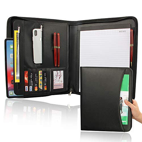 Leather Business Portfolio Binder Padfolio Portfolio Folder Cover with Writing Pad-Interior Ipad Case Zippered Padfolio with Pockets