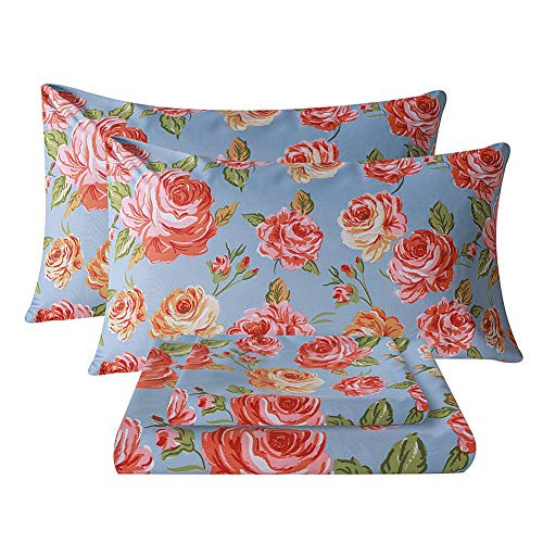 Bedlifes Floral Queen Sheets Luxury Ultra Soft Wrinkle-Free Hypoallergenic Pattern Printed Bed Sheets Deep Pocket Flat Sheet& Fitted Sheet& Pillowcase 100% Microfiber 4 Piece Queen Size Rose Flowers