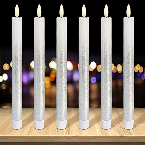Wondise Flameless Flickering Taper Candles with 6 Hour Timer, 6 Pack Silver LED Taper Candles Battery Operated Dining Wedding Christmas Window Taper Candles(0.78 x 9.64 Inches)