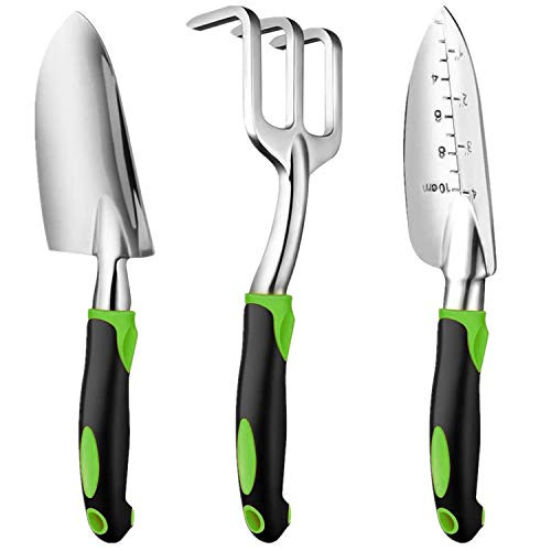 Garden Tool Set, KUNTICA 3 Piece Cast-Aluminum Heavy Duty Gardening Kit Includes Hand Trowel, Transplant Trowel and Cultivator Hand Rake with Soft Rubberized Non-Slip Ergonomic Handle, Garden Gifts