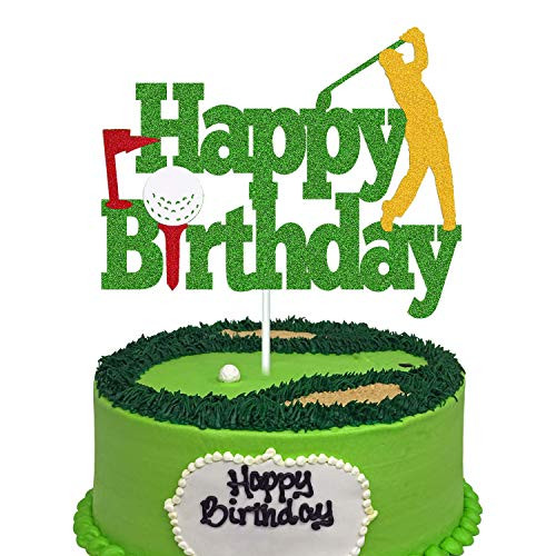 Golf Cake Topper Happy Birthday Sign Golf Ball Player Cake Decorations for Sport Theme Man Boy Girl Birthday Party Supplies Dsouble Sided Green Sparkle Decor