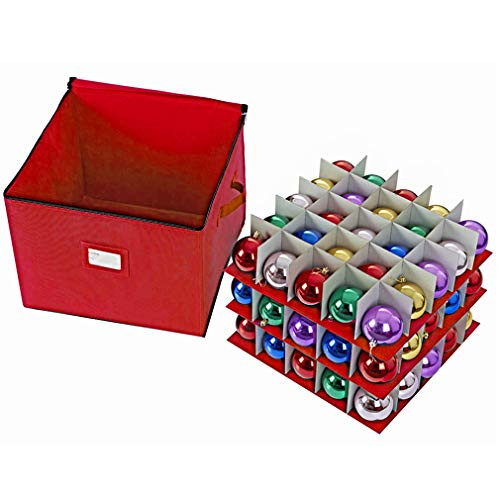 ProPik Large Xmas Ornament Storage Box Organizer, 3 Trays with Dividers - Holds Up to 75 Ornaments Balls, Holiday Decorations Accessories Storage Container, Durable 600D Oxford Material (Red)
