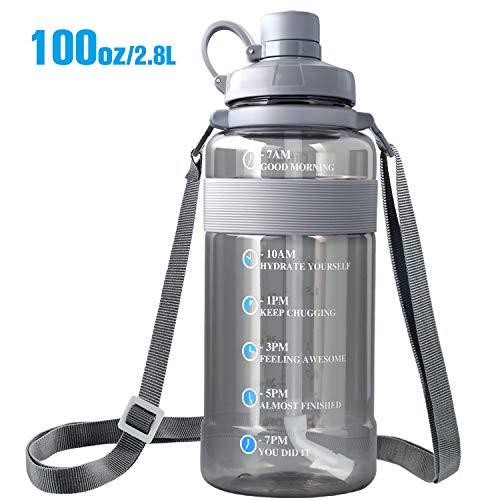 2.8L/ 100 oz Water Bottle Leak Proof, Reusable Water Bottle BPA Free Large Capacity Water Bottle with Straw Daily Water Intake Bottle Tracker Hourly Big Water Bottle Hydrate Drinking More Water Bottle