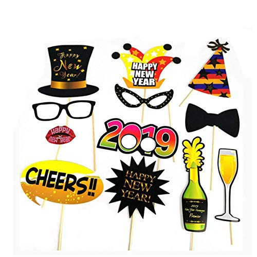 Party Photo Booth Props, Happy New Year Eve 2019 Colourful Selfie Party Props Photo Booth for Decoration
