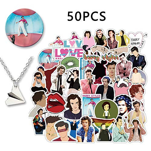 Kilmila Harry Edward Styles Stickers 50Pcs (with Harry Styles Button Pin and Paper Airplane Necklace).Popular English Singer Decals for Laptop Snowboard Bicycle