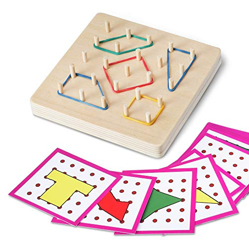 MATYCARE Wooden Geoboard Graphical Montessori Educational Toys 2D Geometry Learning Mathematical Manipulative Pegboard with Rubber Bands STEM Puzzle Game for Toddlers Kids Boys Girls