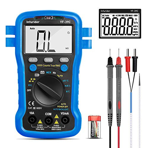 Digital Multimeter Infurider YF-39C 6000 Counts TRMS Auto Ranging Voltmeter Ohmmeter for Accurate AC/DC Volt Amp Ohm Tester with Capacitance,Diode,Continuity,Temperature