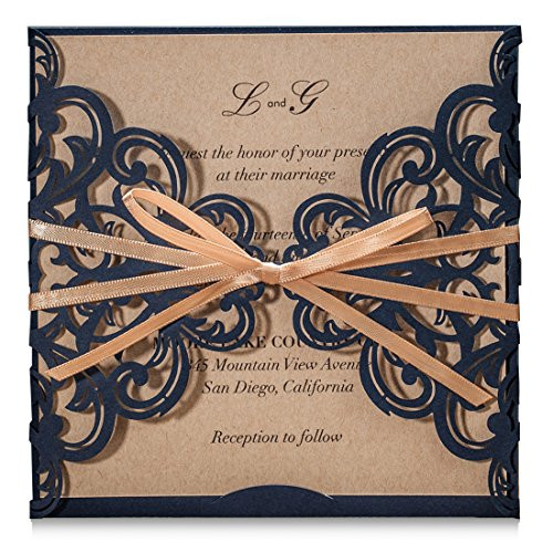 Wishmade Navy Blue Rustic Square Laser Cut Wedding Invitations Cards with Bow Lace Sleeve Cards for Engagement Baby Shower Birthday Quinceanera (pack of 50pcs)