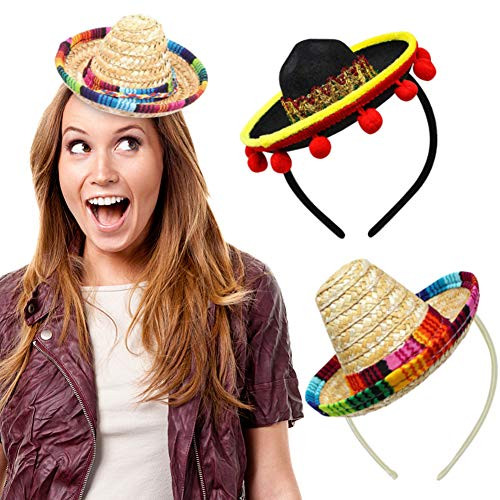 2 PCS Cinco de Mayo Fiesta Fabric and Straw Sombrero Headbands Hat for Fiesta Carnival Birthday Summer Party Green