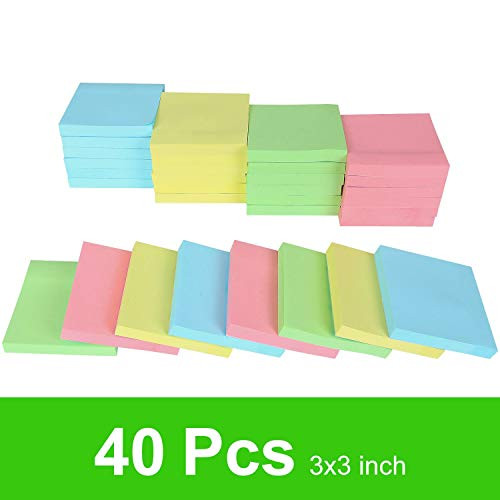 40 Pcs Sticky Notes, 4 Bright Color Sticky Note Pads Post It Notes 3x3 Self-Stick Notes Pads, Neon Paper Assorted Sticky Notes for Study, Works, Office, 100 Sheets/Pad