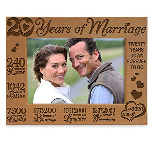 KATE POSH - 20 Years of Marriage 2000-2020, Our 20th Anniversary Engraved Natural Wood Picture Frame, Twenty Years Together, Wedding for Husband & Wife (4x6 Horizontal)