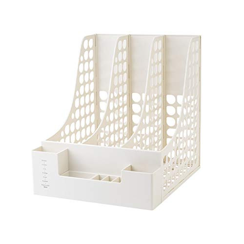 Ibnotuiy File Organizer for Desk,Magazine Book Holder Office Supplies Desktop Accessories with Pencil Holder Vertical Document Folder for Office - White Desk Organizer