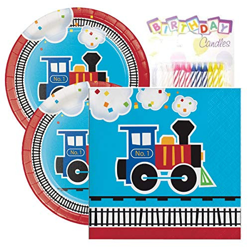All Aboard Birthday Party Pack  Includes 7 Paper Plates & Beverage Napkins Plus 24 Birthday Candles  Serves 16