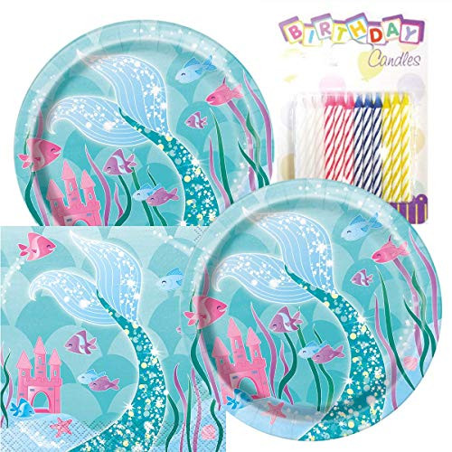 Mermaid Birthday Party Pack  Includes 7 Paper Plates & Beverage Napkins Plus 24 Birthday Candles  Serves 16