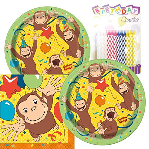 Curious George Birthday Party Pack  Includes 7 Paper Plates & Beverage Napkins Plus 24 Birthday Candles  Serves 16