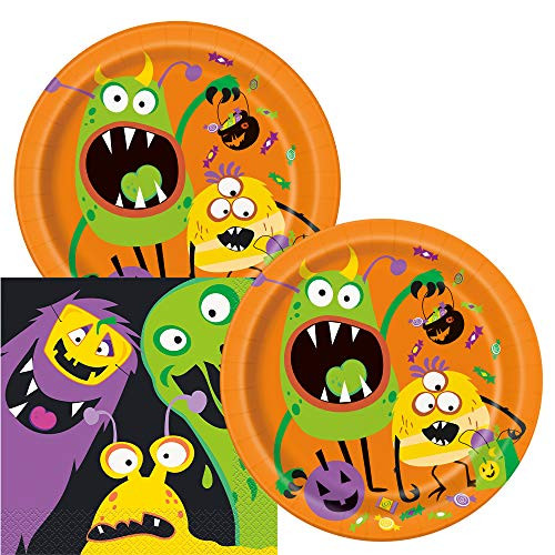 Silly Halloween Monster Holiday Themed Party Pack  Includes Paper Plates & Luncheon Napkins  Serves 16