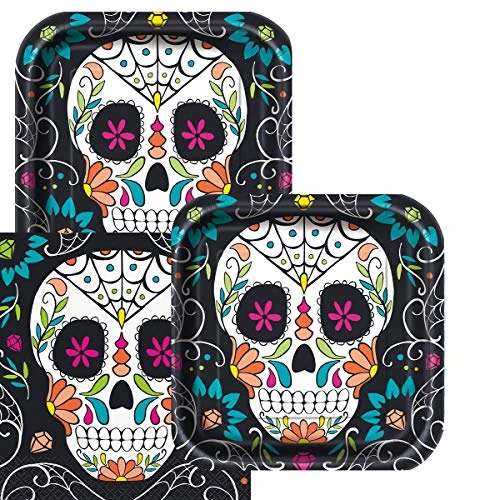 Skull Day of The Dead Halloween Themed Party Pack  Includes Paper Plates & Luncheon Napkins  Serves 16