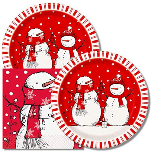Red Stripes Snowman Holiday Themed Party Pack  Includes Paper Plates & Luncheon Napkins  Serves 16