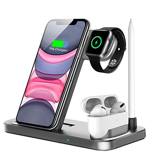 Wireless Charger, QI-EU 4 in 1 Qi-Certified 18W Fast Charging Station Compatible Apple Watch Airpods iPhone 11/11pro/X/XS/XR/Xs Max/8/8 Plus, Wireless Charging Stand Compatible Samsung Galaxy S20/S10