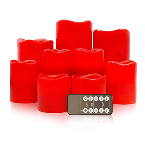 D4" Red Flameless Candles LED Candle Realistic Flickering Electric Candles Battery Operated, Ivory Real Wax LED Pillar Candle Sets (Red, Set of 9)
