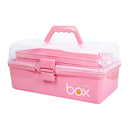 Kinsorcai 12'' Three-Layer Clear Plastic Storage Box/Tool Box, Multipurpose Organizer and Portable Handled Storage Case for Art Craft and Cosmetic (Pink)