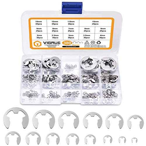 VIGRUE 380Pcs 304 Stainless Steel E-Clip Circlip External Retaining Ring Assortment Set, 14 Sizes