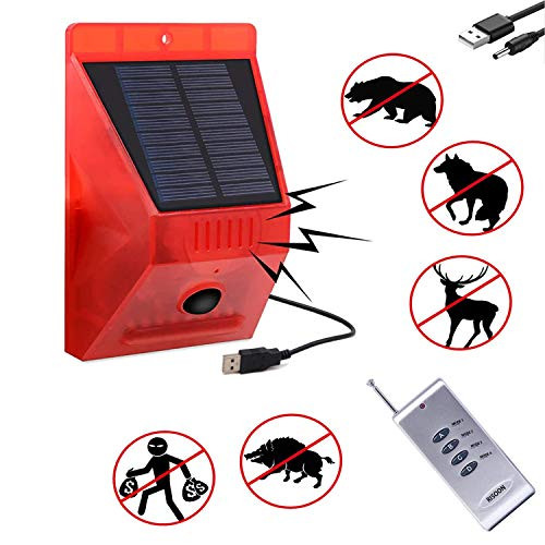 RISOON Solar Strobe Light with Remote Controller, Solar Alarm Light with Motion Detector Solar Alarm Light 129db Sound Security Siren IP65 Waterproof, Protected Your Home, Farm, Barn, Barn,Villa,Yard