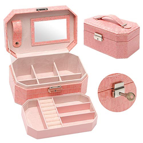 Lockable Jewelry Box for Women, Jewelry Organizer Box with Mirror and Key, 2 Layers Exquisite Earring Ring Necklace and Bracelet Leather Jewelry Storage Box Gift for Girls (Pink) Lockable Jewelry Box for Women, Jewelry Organizer Box with Mirror and Key, 2 Layers Exquisite Earring Ring Necklace and Bracelet Leather Jewelry Storage Box Gift for Girls (Pink)