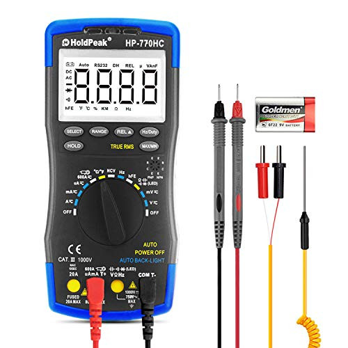 HOLDPEAK HP-770HC Digital Multimeter 6000 Counts Automatic Range Multi Meter Current/Voltage (DC/AC) / Resistance Tester Overload Protection Voltage Checker Backlit with Test Leads(Blue)